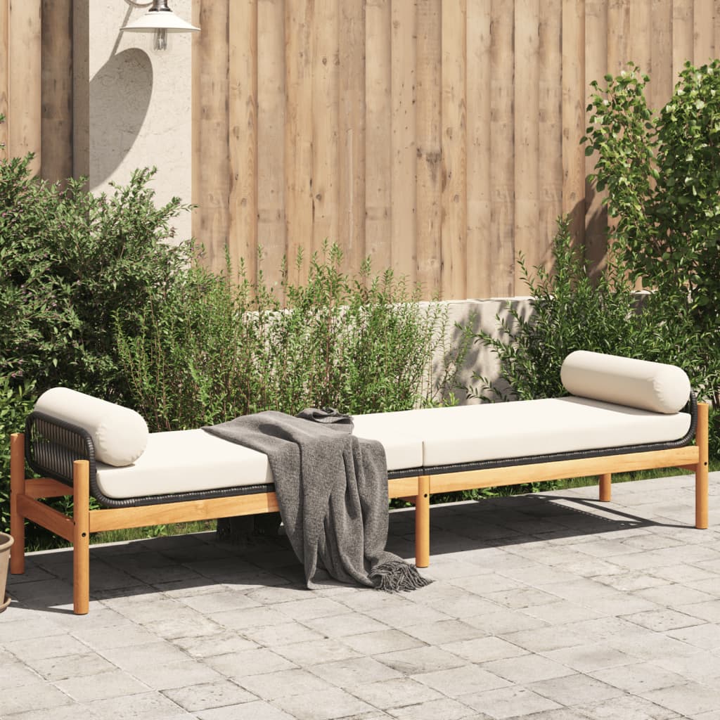 Black Poly Rattan & Acacia Garden Bench with Cushion