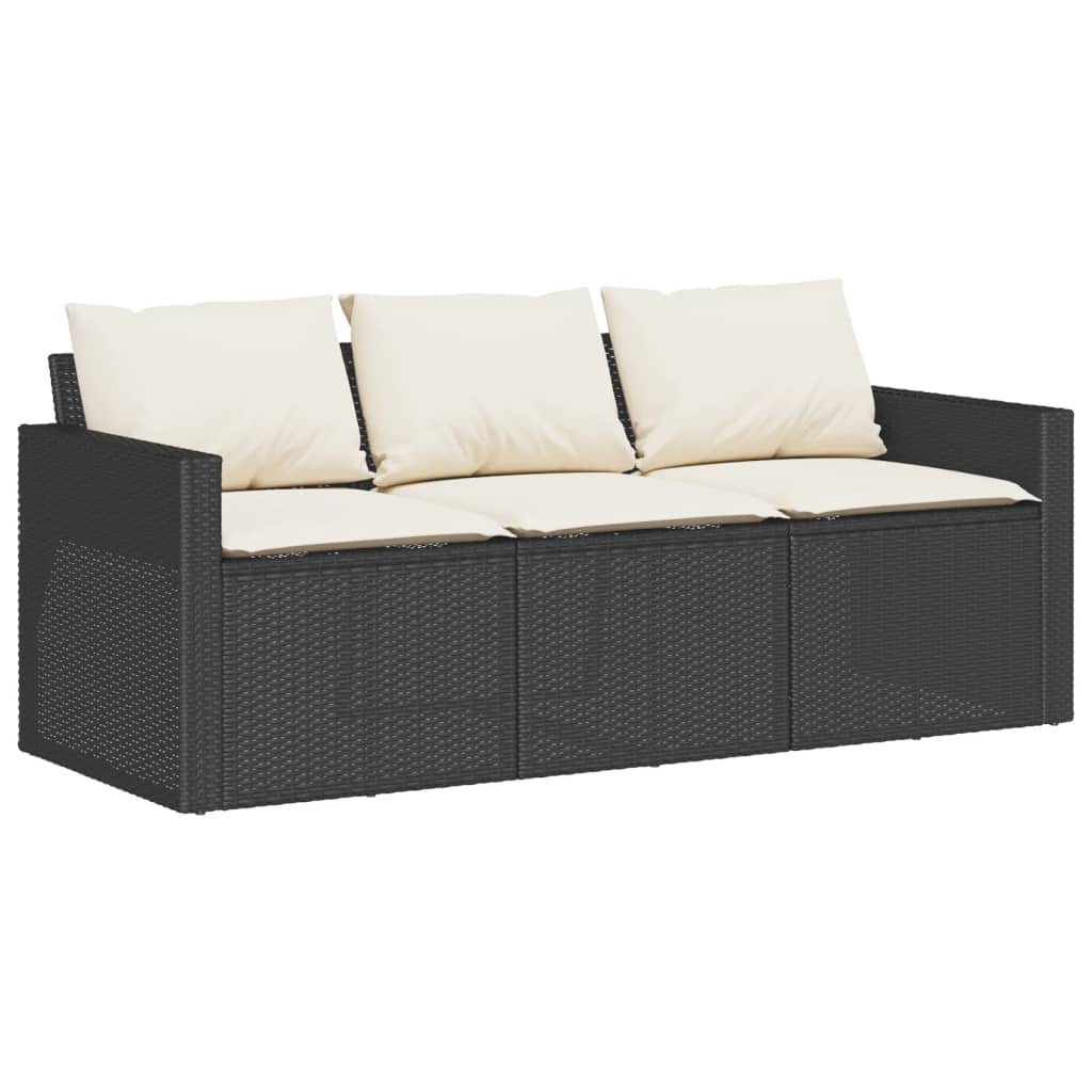 Black Poly Rattan 3-Seater Garden Sofa with Cushions