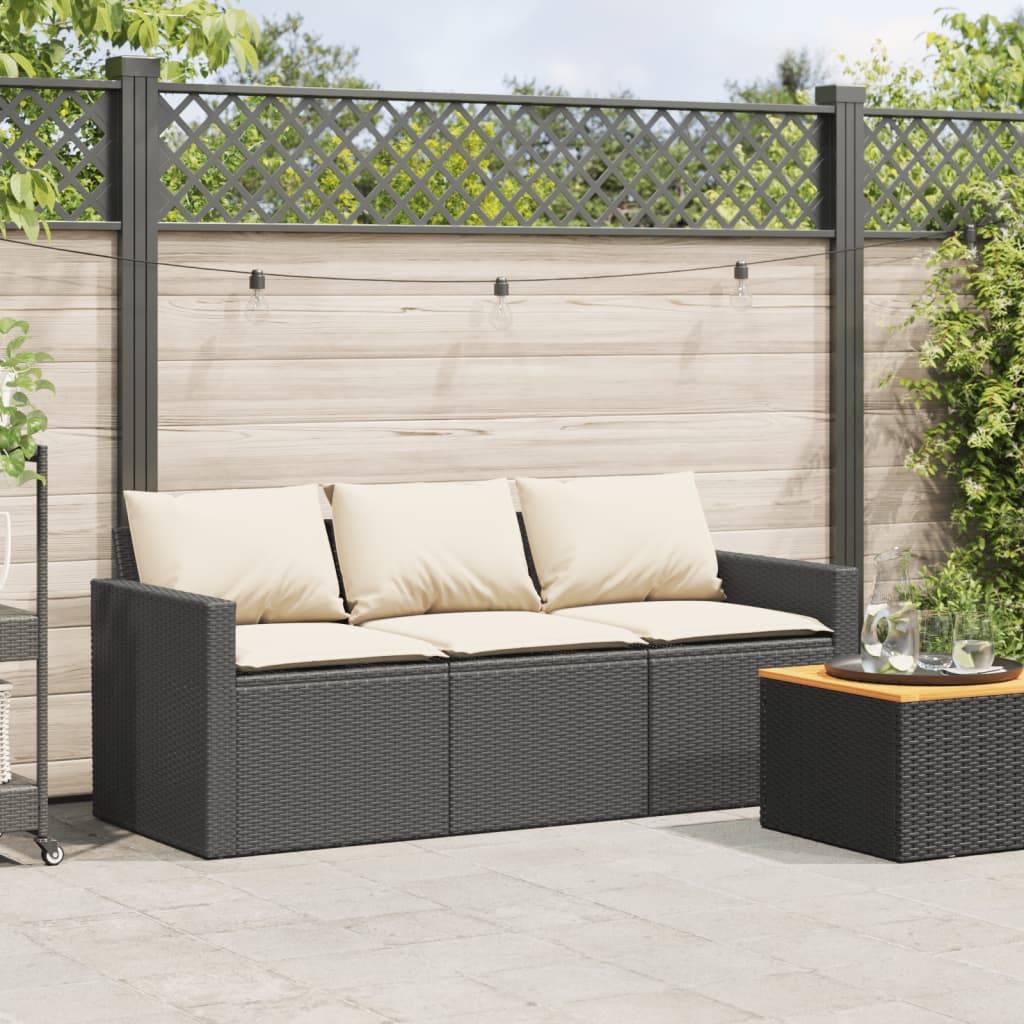 Black Poly Rattan 3-Seater Garden Sofa with Cushions