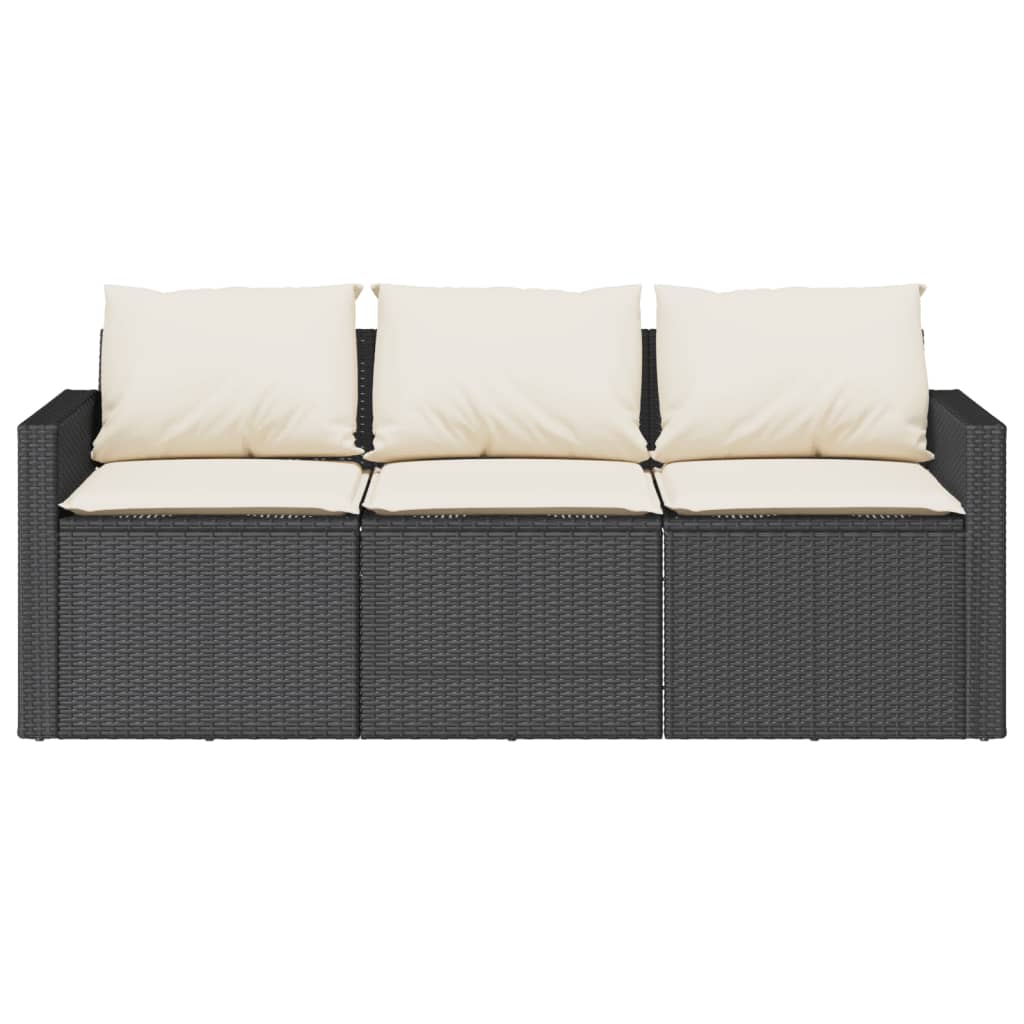 Black Poly Rattan 3-Seater Garden Sofa with Cushions