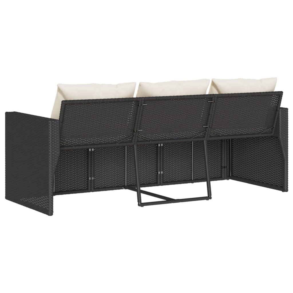 Black Poly Rattan 3-Seater Garden Sofa with Cushions