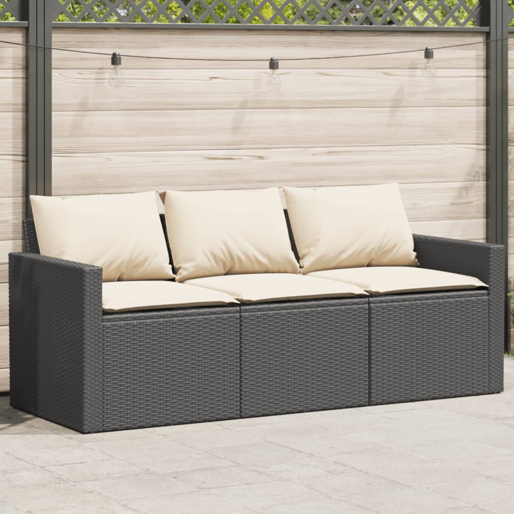Black Poly Rattan 3-Seater Garden Sofa with Cushions
