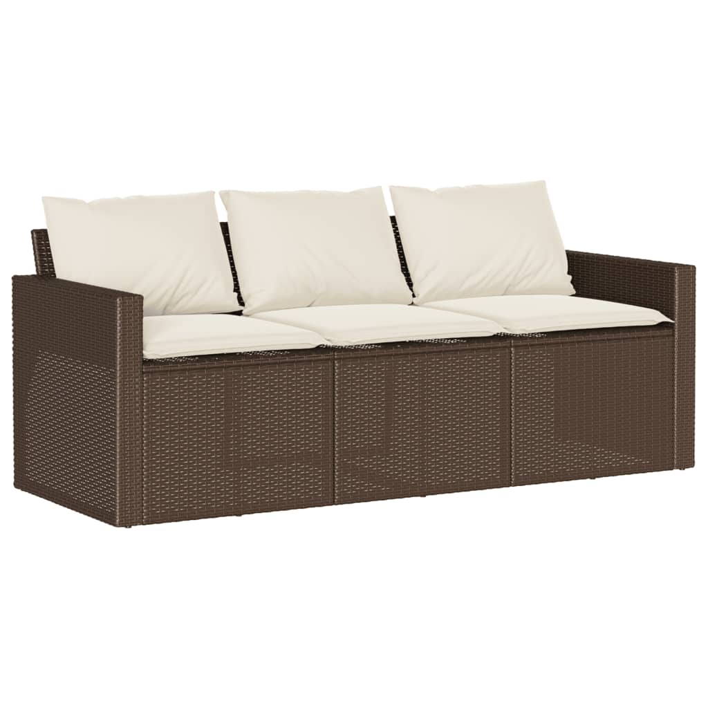 Elegant Brown 3-Seater Poly Rattan Garden Sofa with Cushions