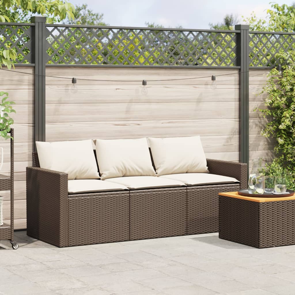 Elegant Brown 3-Seater Poly Rattan Garden Sofa with Cushions