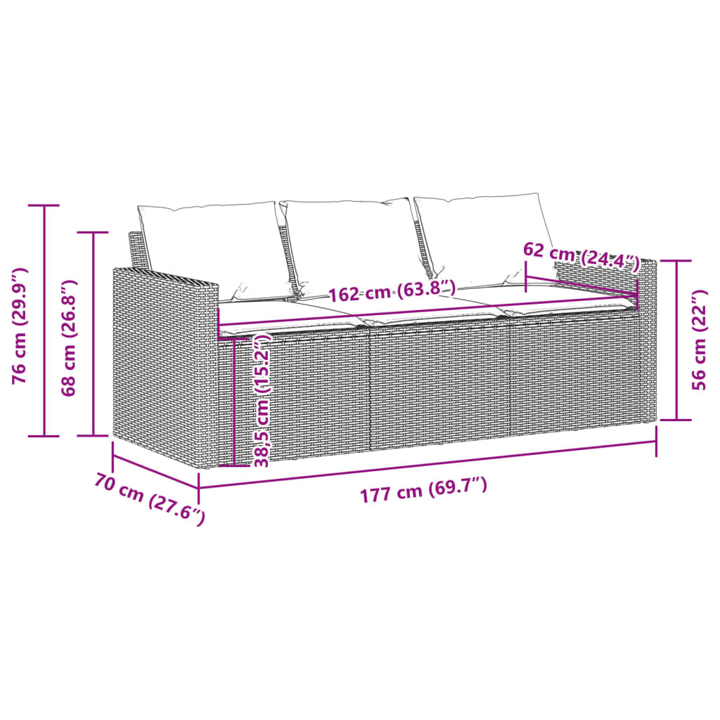Elegant Brown 3-Seater Poly Rattan Garden Sofa with Cushions