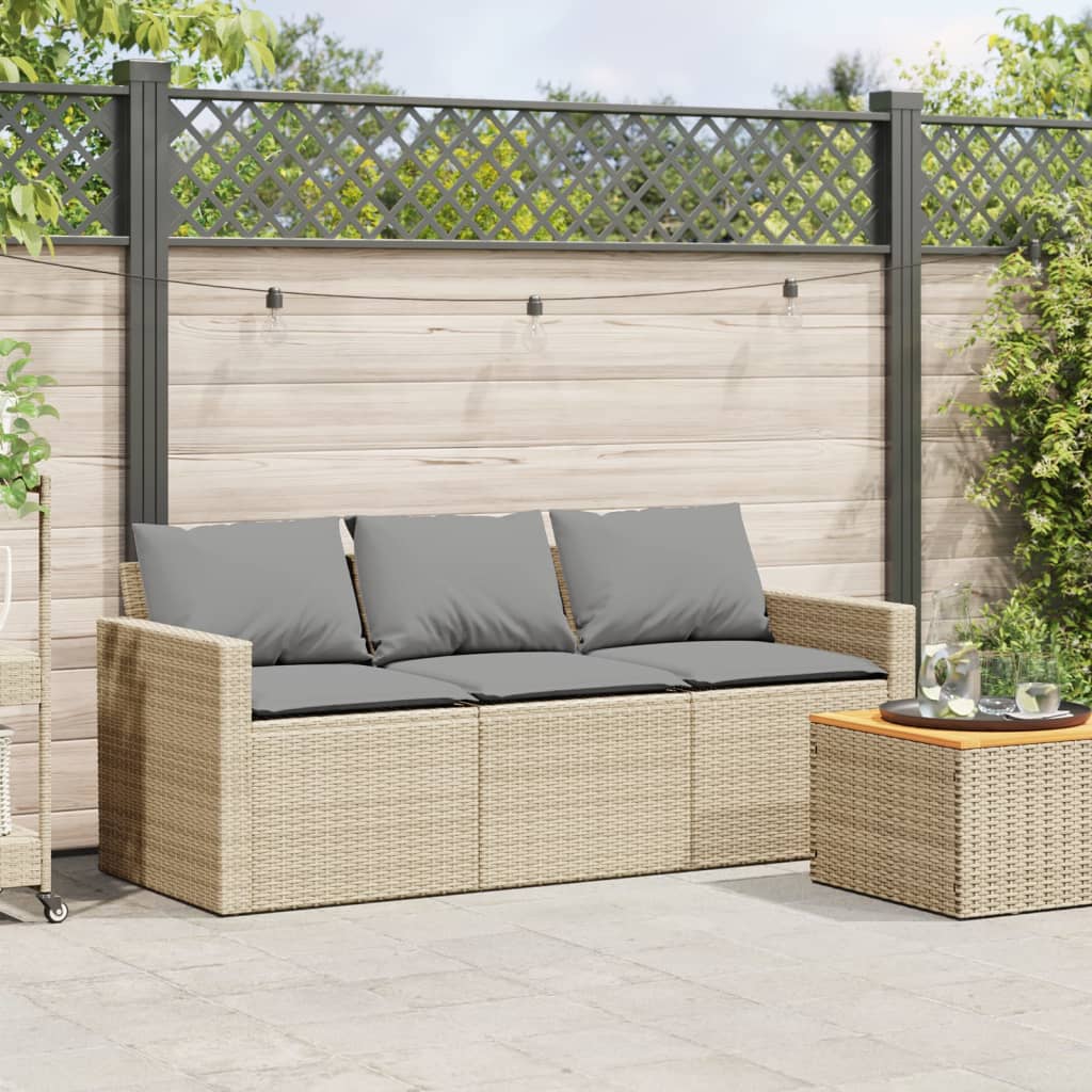 3-Seater Beige Poly Rattan Garden Sofa with Cushions