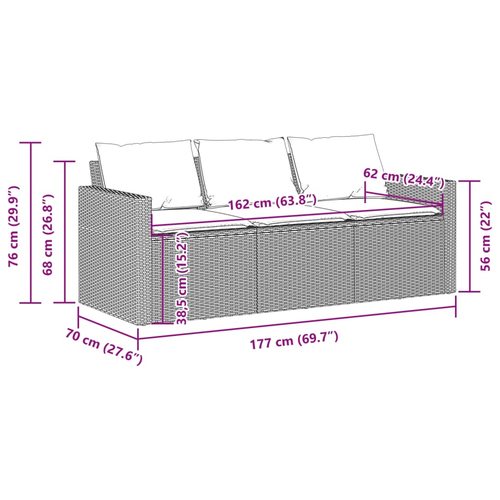 3-Seater Beige Poly Rattan Garden Sofa with Cushions