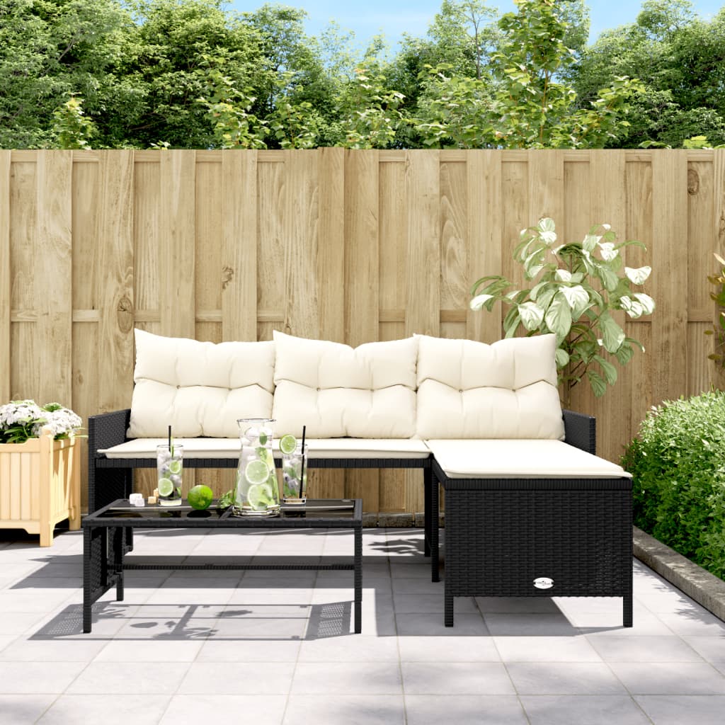 L-Shaped Black Poly Rattan Garden Sofa Set with Table & Cushions