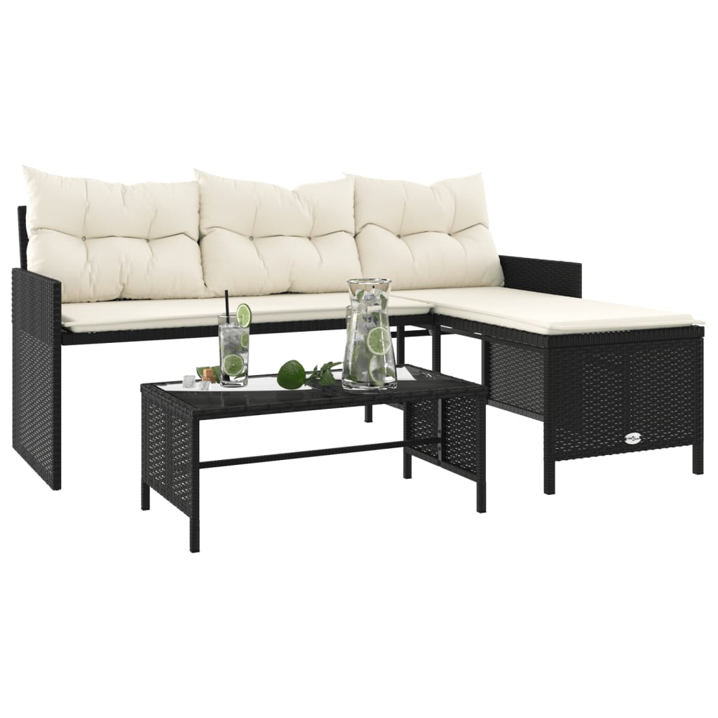 L-Shaped Black Poly Rattan Garden Sofa Set with Table & Cushions