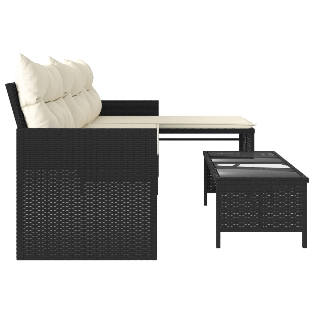 L-Shaped Black Poly Rattan Garden Sofa Set with Table & Cushions