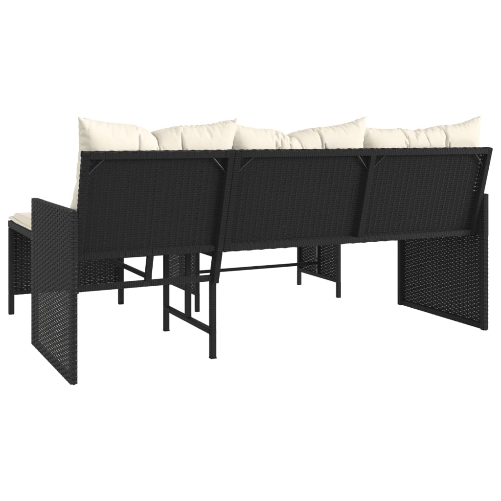 L-Shaped Black Poly Rattan Garden Sofa Set with Table & Cushions