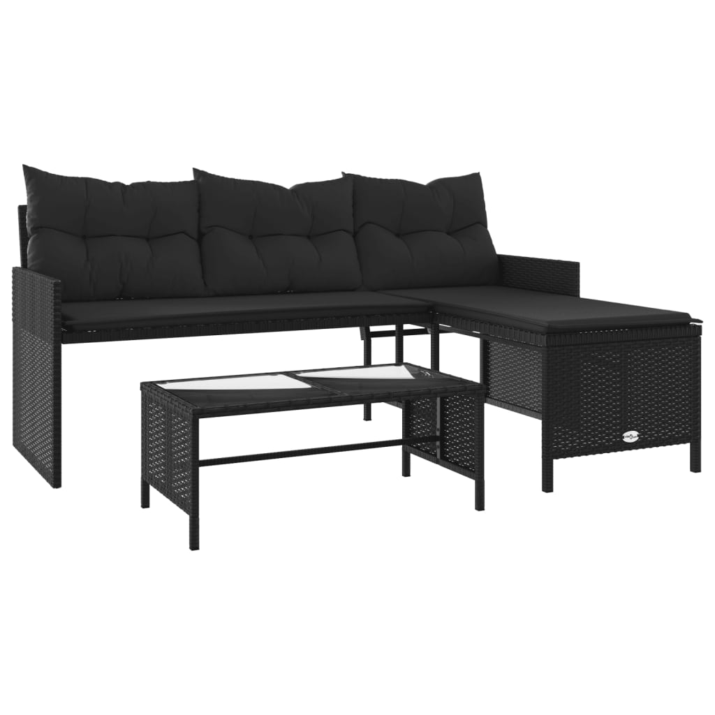Elegant L-Shaped Black Poly Rattan Garden Sofa Set with Table & Cushions