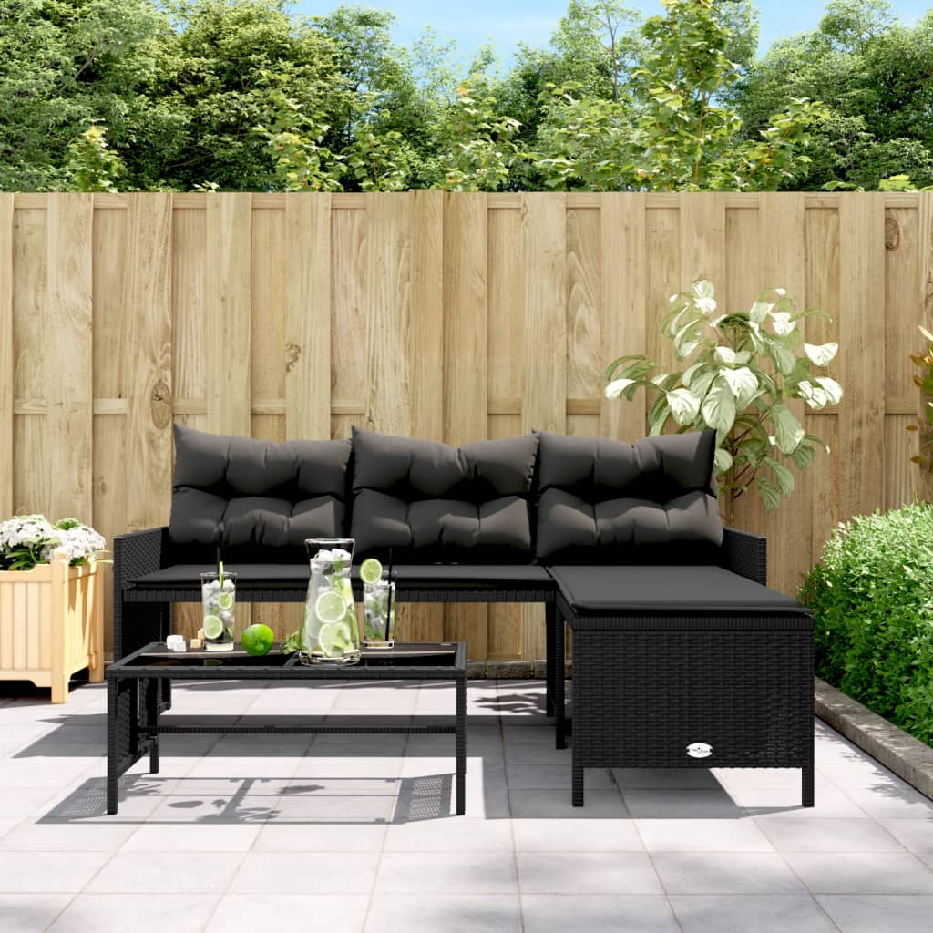 Elegant L-Shaped Black Poly Rattan Garden Sofa Set with Table & Cushions