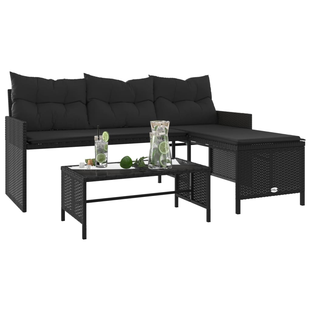 Elegant L-Shaped Black Poly Rattan Garden Sofa Set with Table & Cushions