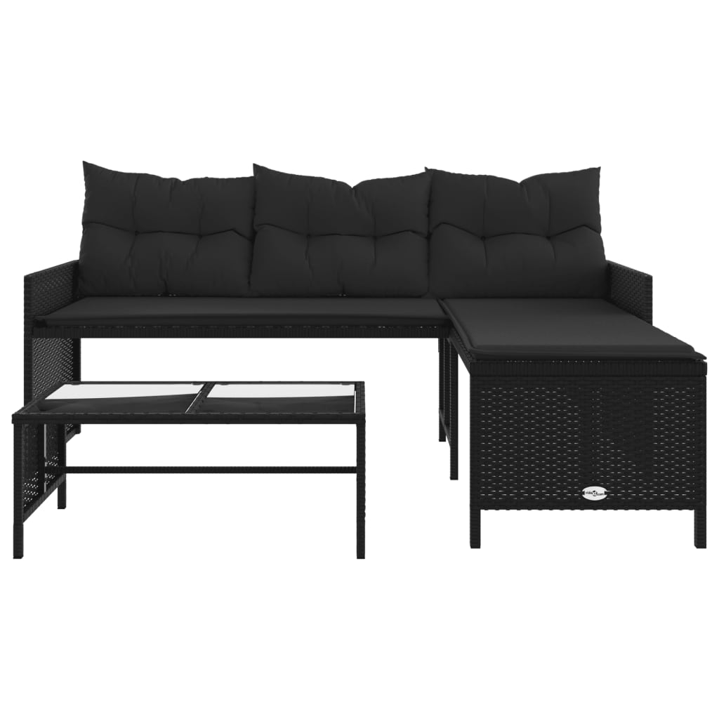 Elegant L-Shaped Black Poly Rattan Garden Sofa Set with Table & Cushions