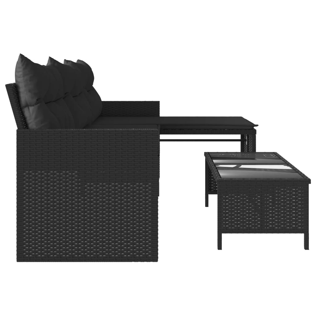 Elegant L-Shaped Black Poly Rattan Garden Sofa Set with Table & Cushions