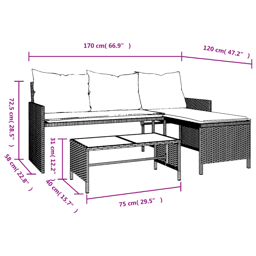 Elegant L-Shaped Black Poly Rattan Garden Sofa Set with Table & Cushions
