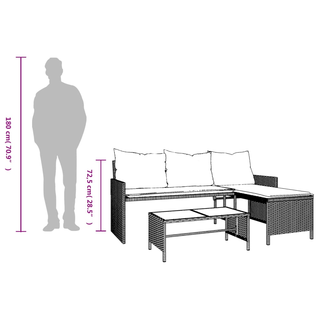 Elegant L-Shaped Black Poly Rattan Garden Sofa Set with Table & Cushions