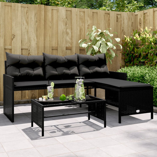 Elegant L-Shaped Black Poly Rattan Garden Sofa Set with Table & Cushions