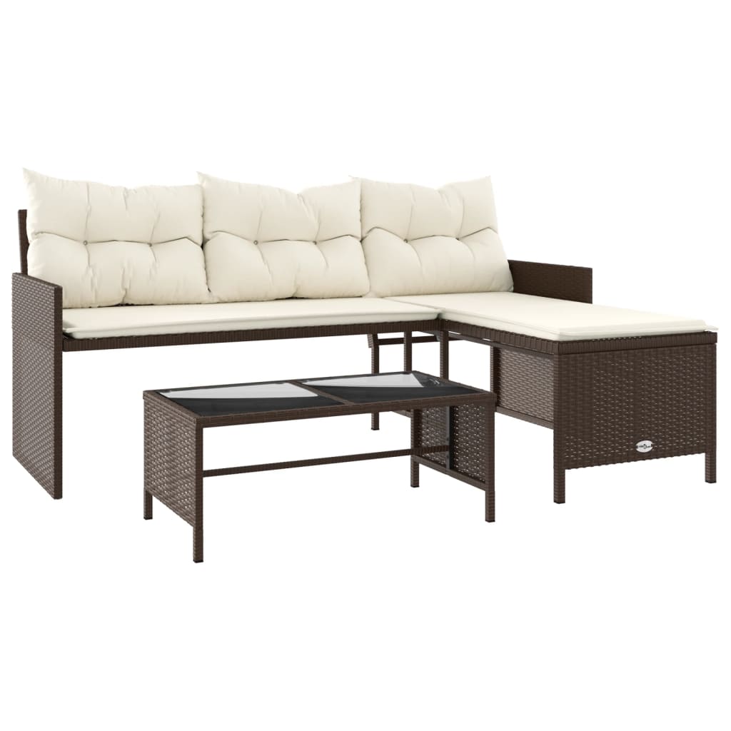Brown Poly Rattan L-Shaped Garden Sofa with Table & Cushions