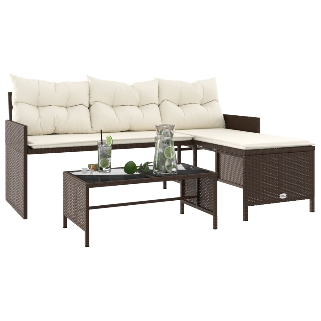 Brown Poly Rattan L-Shaped Garden Sofa with Table & Cushions