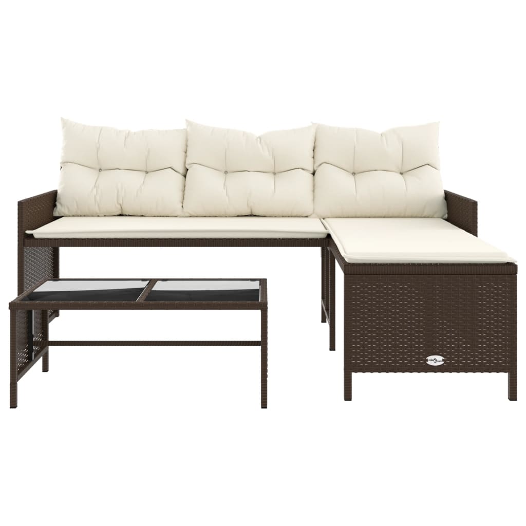 Brown Poly Rattan L-Shaped Garden Sofa with Table & Cushions
