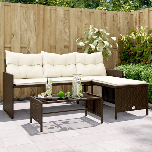 Brown Poly Rattan L-Shaped Garden Sofa with Table & Cushions