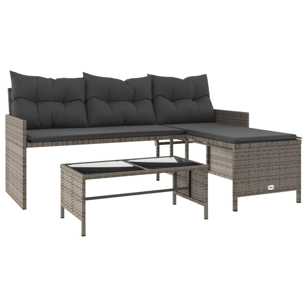 L-Shaped Grey Poly Rattan Garden Sofa Set with Table & Cushions