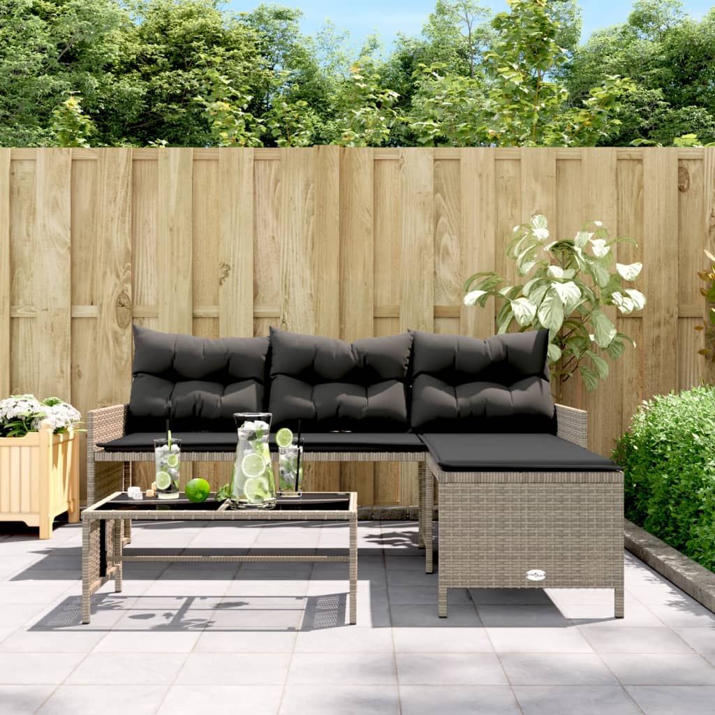 L-Shaped Grey Poly Rattan Garden Sofa Set with Table & Cushions