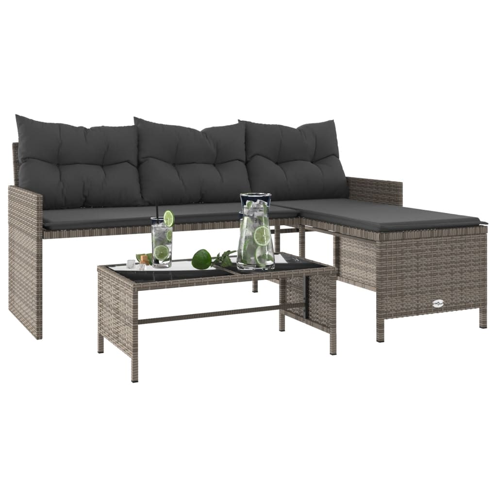 L-Shaped Grey Poly Rattan Garden Sofa Set with Table & Cushions