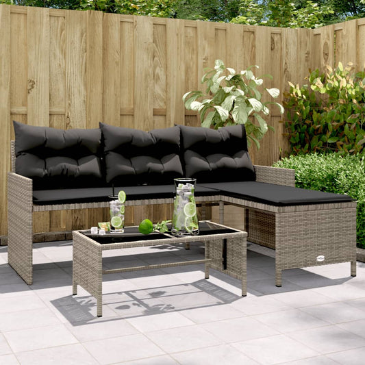 L-Shaped Grey Poly Rattan Garden Sofa Set with Table & Cushions