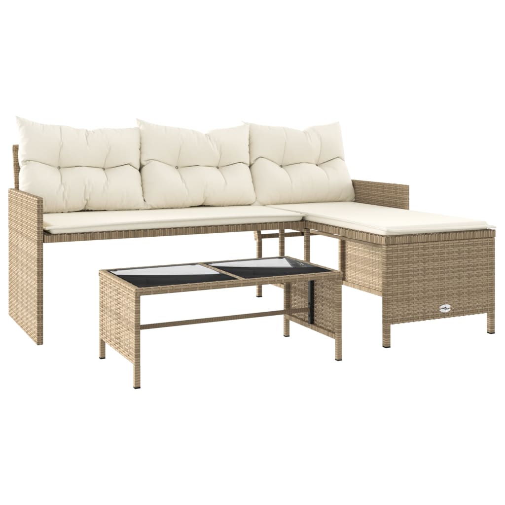 Beige L-Shaped Poly Rattan Garden Sofa Set with Table & Cushions