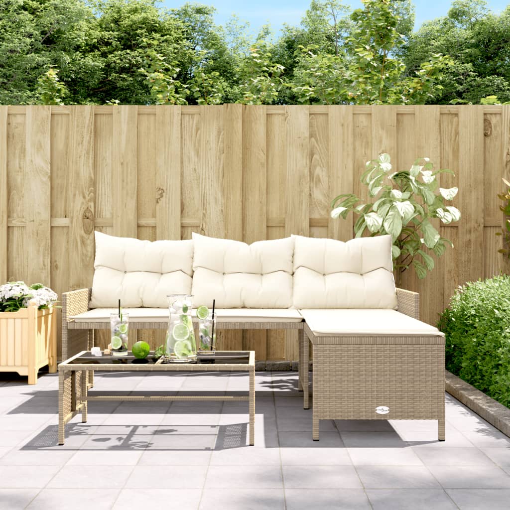 Beige L-Shaped Poly Rattan Garden Sofa Set with Table & Cushions