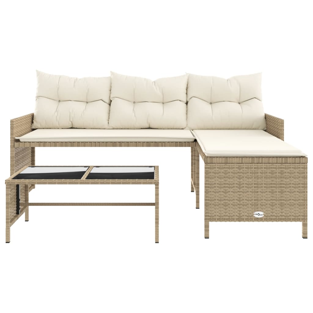 Beige L-Shaped Poly Rattan Garden Sofa Set with Table & Cushions