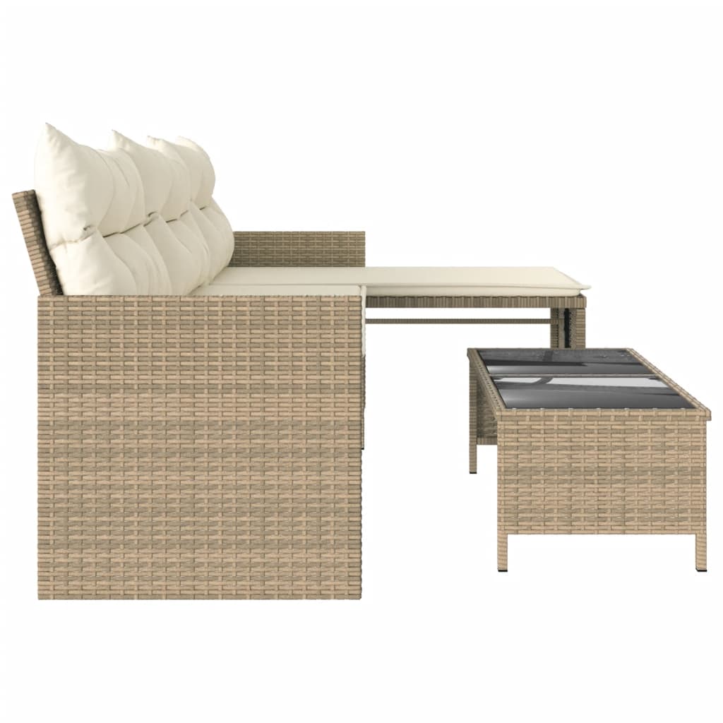 Beige L-Shaped Poly Rattan Garden Sofa Set with Table & Cushions