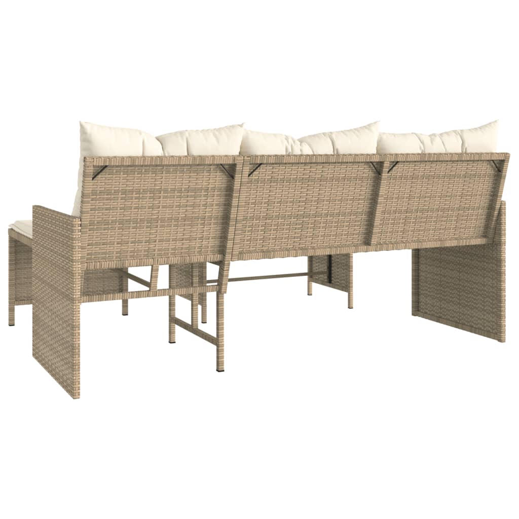 Beige L-Shaped Poly Rattan Garden Sofa Set with Table & Cushions