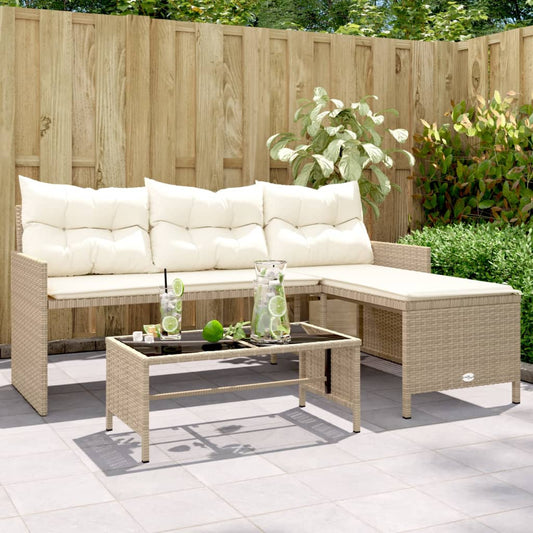 Beige L-Shaped Poly Rattan Garden Sofa Set with Table & Cushions
