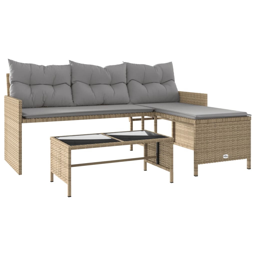 L-Shaped Beige Poly Rattan Garden Sofa Set with Table & Cushions