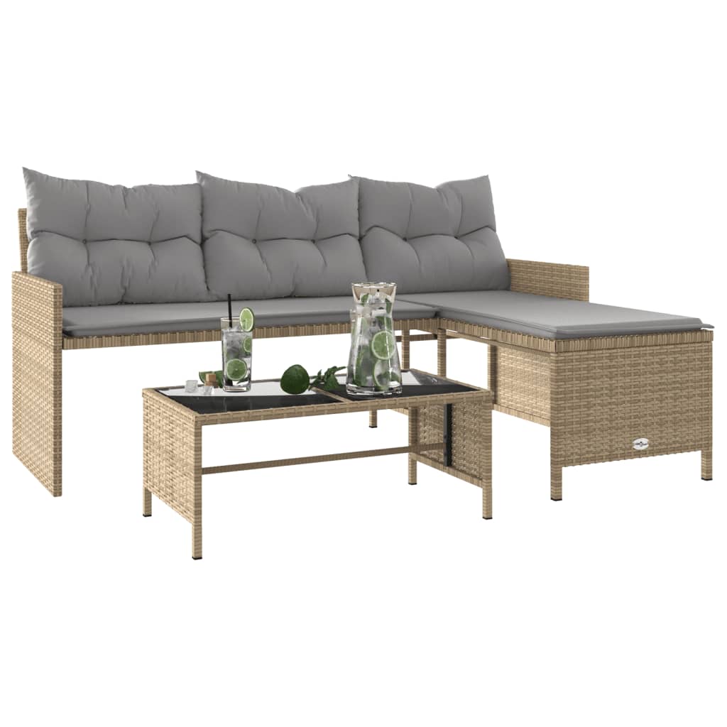 L-Shaped Beige Poly Rattan Garden Sofa Set with Table & Cushions