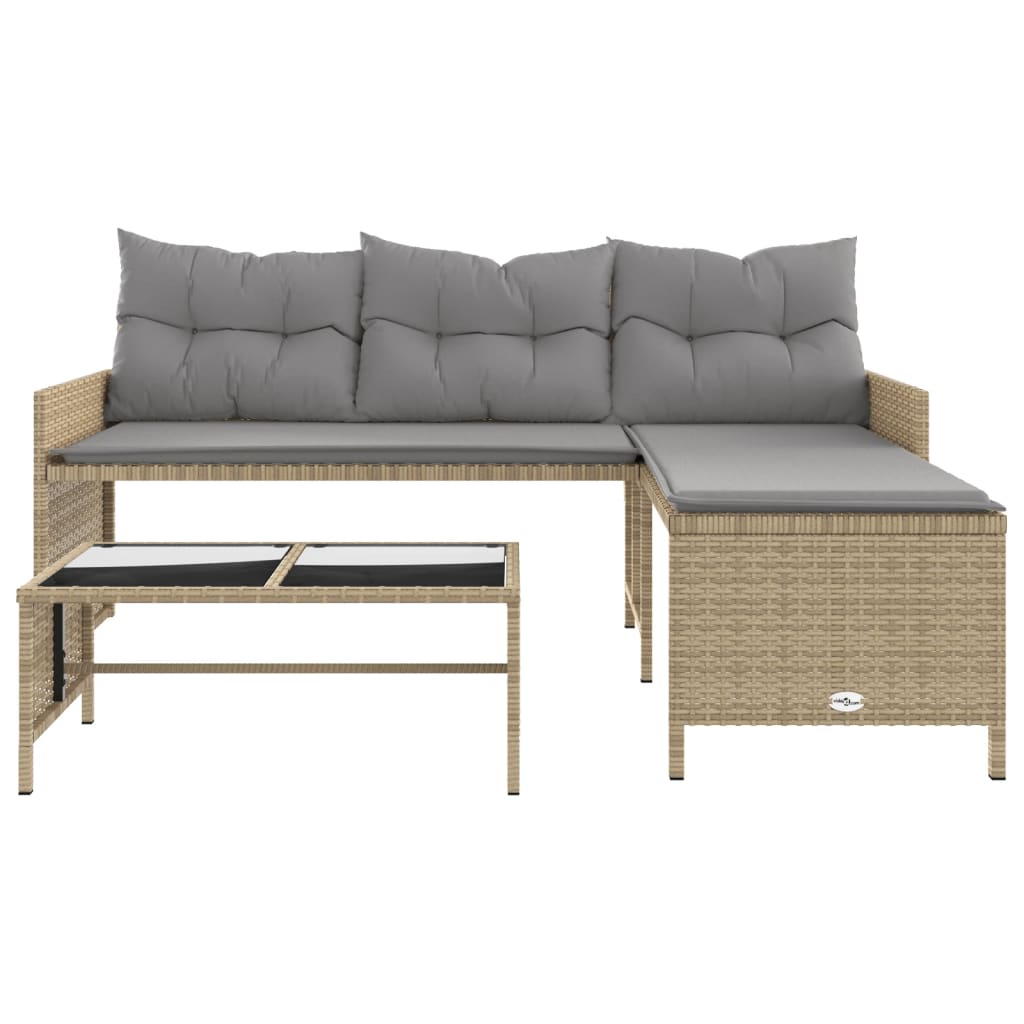 L-Shaped Beige Poly Rattan Garden Sofa Set with Table & Cushions