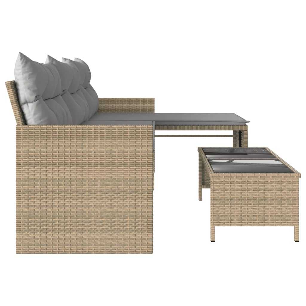 L-Shaped Beige Poly Rattan Garden Sofa Set with Table & Cushions