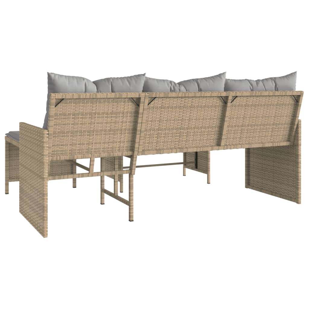 L-Shaped Beige Poly Rattan Garden Sofa Set with Table & Cushions