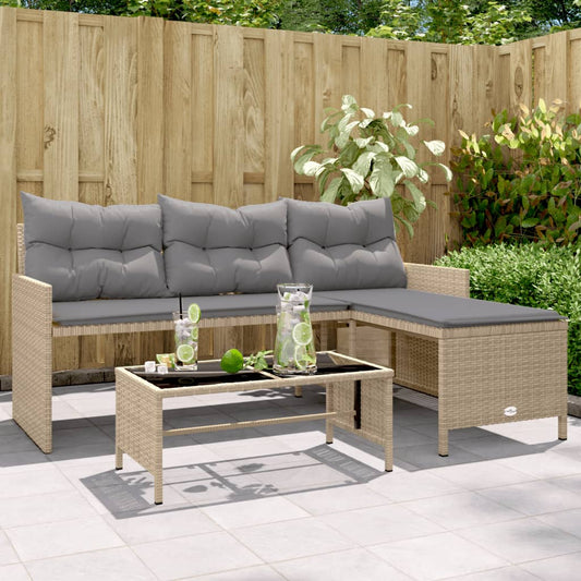 L-Shaped Beige Poly Rattan Garden Sofa Set with Table & Cushions