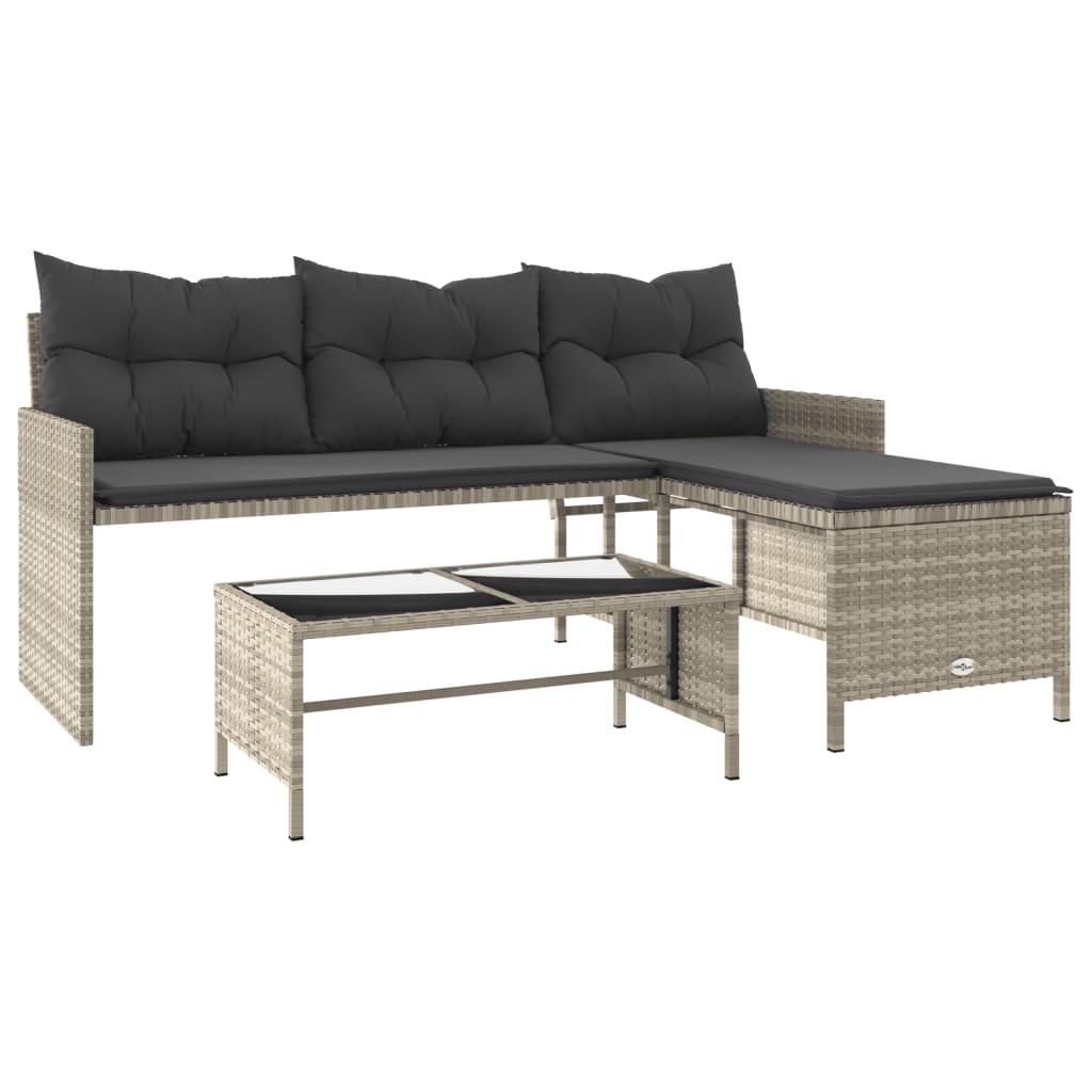 L-Shaped Light Grey Poly Rattan Garden Sofa Set with Table & Cushions