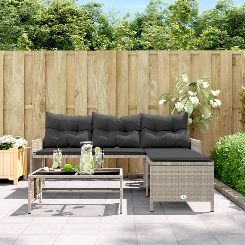 L-Shaped Light Grey Poly Rattan Garden Sofa Set with Table & Cushions