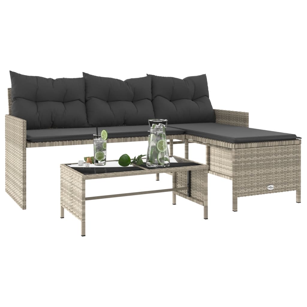 L-Shaped Light Grey Poly Rattan Garden Sofa Set with Table & Cushions
