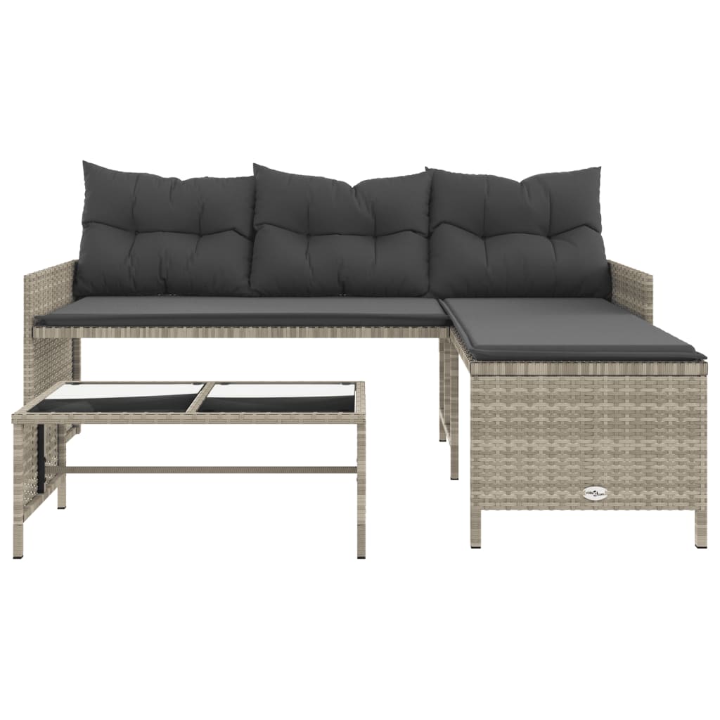 L-Shaped Light Grey Poly Rattan Garden Sofa Set with Table & Cushions