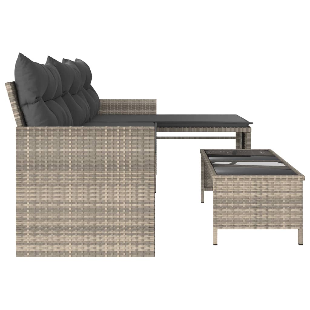 L-Shaped Light Grey Poly Rattan Garden Sofa Set with Table & Cushions
