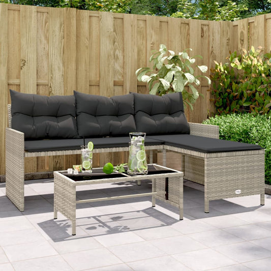 L-Shaped Light Grey Poly Rattan Garden Sofa Set with Table & Cushions