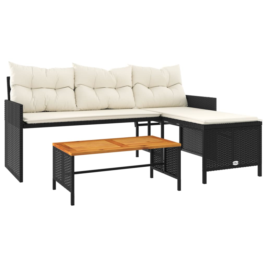 L-Shaped Black Poly Rattan Garden Sofa Set with Table & Cushions